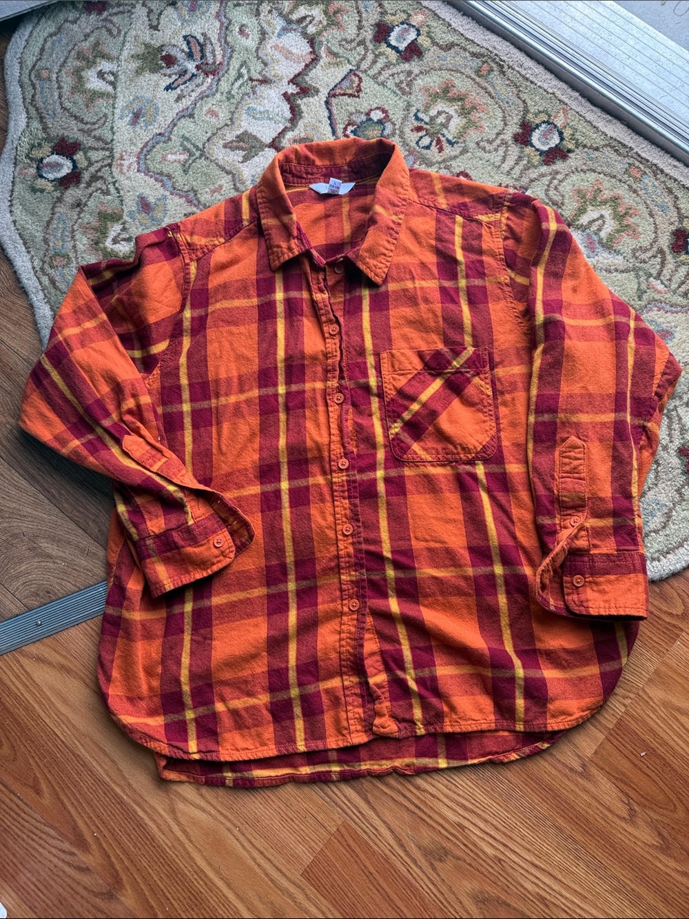 Time and Tru Orange and Red Plaid Button-Up Shirt